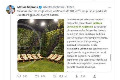 El exGran Hermano, Matías Schrank también señaló el trabajo del padre de Julieta Poggio en la emisión 2015 del reality