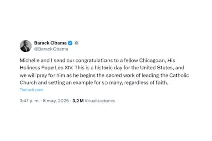 El exmandatario Barack Obama felicitó a Prevost tras ser elegido como nuevo sumo pontífice
