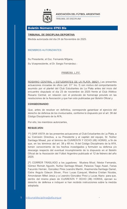 El expediente disciplinario de la AFA iniciado a Estudiantes y a sus jugadores