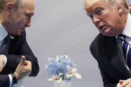 El expresidente Donald Trump, a la derecha, se reúne con el presidente ruso Vladimir Putin en la Cumbre del G20 en Hamburgo, Alemania, el viernes 7 de julio de 2017.
