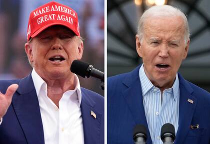 El expresidente Donald Trump, izquierda, habla en un mitin de campaña en Las Vegas, el 9 de junio de 2024, y el presidente Joe Biden habla en la Casa Blanca en Washington, el 4 de junio de 2024. (AP Photo)
