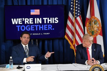 El expresidente estadounidense Donald Trump y el gobernador de Florida, Ron DeSantis, celebran una mesa redonda sobre preparación para tormentas y COVID-19 en Belleair, Florida, el 31 de julio de 2020.