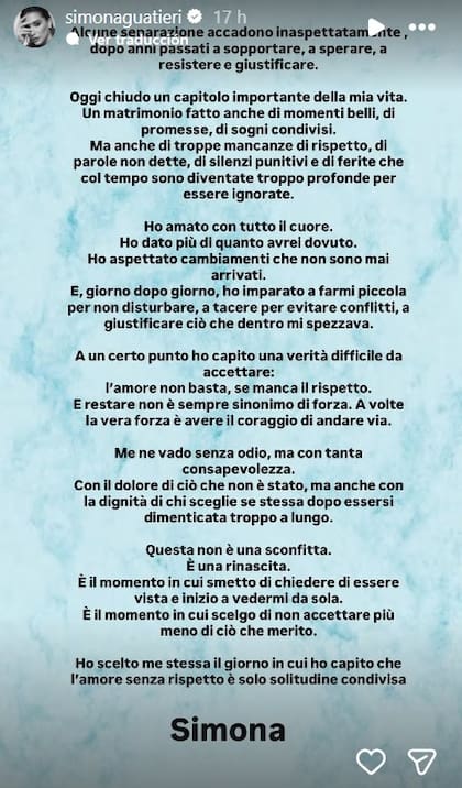 El extenso comunicado de Simona Guatieri