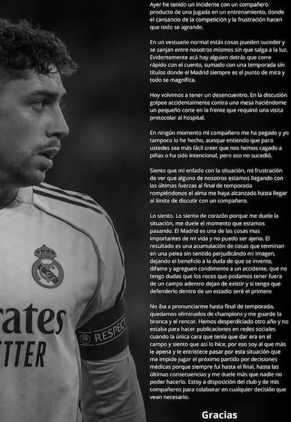 El extenso comunicado de Valverde tras conocerse su lesión