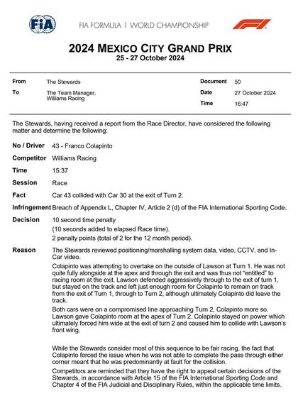 El fallo de la FIA sobre el incidente entre Colapinto y Lawson