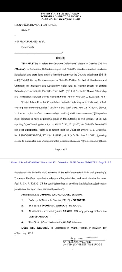 El fallo del 24 de febrero pasado en el que una corte de Florida rechaza la petición de residencia en Estados Unidos de Leonardo Scatturice