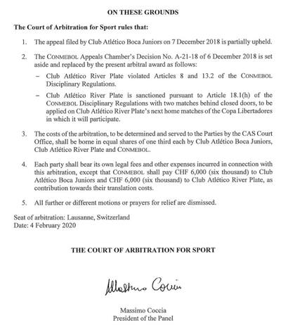 El fallo del TAS tras la apelación de Boca