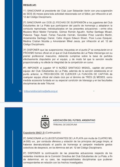 El fallo del Tribunal de Disciplina referente al "espaldazo" de los jugadores de Estudiantes