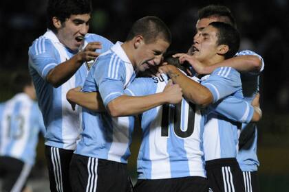 El festejo argentino, tras el segundo gol a Venezuela