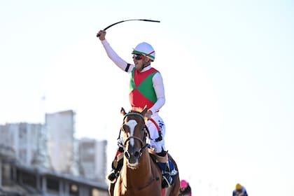 El festejo de Eduardo Ortega Pavón sobre Cuan Chef en el Gran Premio Nacional (G1), en Palermo, que tratará de emular en el José Pedro Ramírez.
