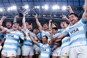El festejo de Los Pumas después del resonante triunfo ante Lions and Argentina, en el Aviva Stadium de Dublin