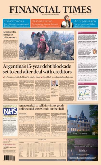 El Financial Times publicó en su tapa el acuerdo entre la Argentina y los holdouts