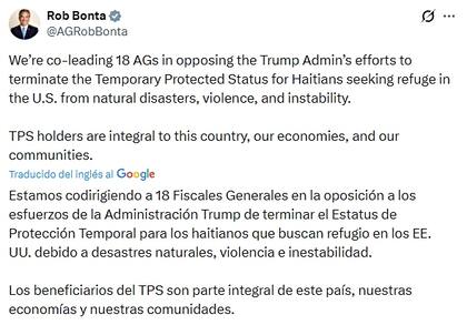 El fiscal general de California señaló que los beneficiarios del TPS son parte integral de EE.UU.