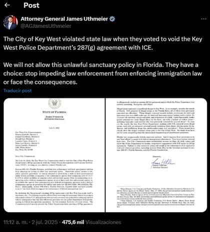 El fiscal general de Florida publicó una dura advertencia para Key West luego de su decisión de terminar con la colaboración de ICE