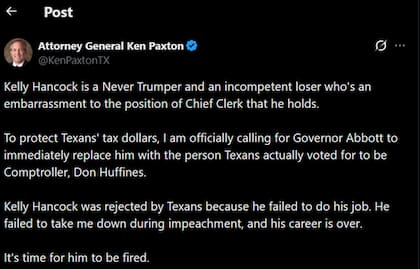 El fiscal general Ken Paxton pide al gobernador Greg Abbott la destitución del contralor Kelly Hancock en Texas