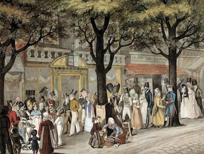 El flâneur observaba la multitud sin apuro. ("Paseo por un bulevar de París", 1819. Acuarela de Joseph Louis Bellange)