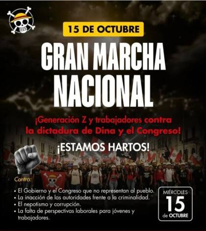 El flyer convocando a la marcha contra el nuevo gobierno peruano