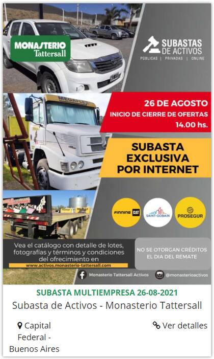 El flyer de la subasta de vehículos que se llevará a cabo este jueves 26 de agosto