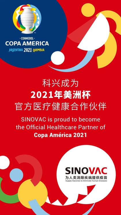 El flyer en el que Sinovac se anuncia como "socio oficial del cuidado de la salud" de la Copa América Argentina-Colombia 2021.