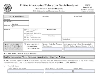 El formulario I-360 se utiliza como petición para amerasiático, viudo(a) o inmigrante especial