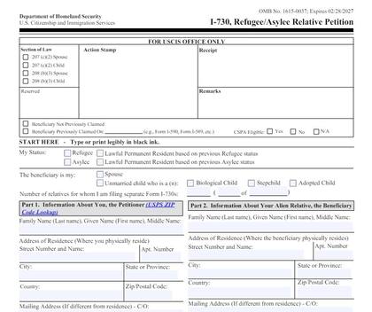 El formulario I-730 es necesario para que un refugiado o asilado solicite que su cónyuge e hijos solteros menores de 21 años entren a EE.UU.