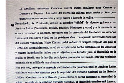 El fragmento del discurso de Roger Noriega ante el Congreso de los Estados Unidos en el que vincula a Conviasa con Hezbollah