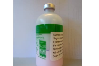 El frasco de la vacuna Ourovac Aftosa Bivalente Lote 0001/23