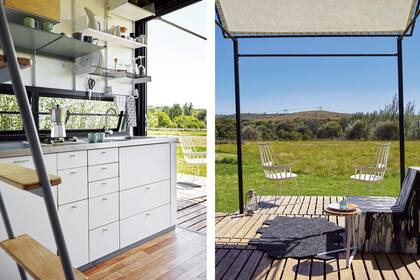 El frente de se abre por completo y protege el deck con su sombra. Allí, sillas ‘Windsor’ y resistentes sillones de goma espuma.