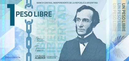 El frente del billete peso libre. Con la figutra de Alberdi, que se´ria emitido por el Banco Central Independiente