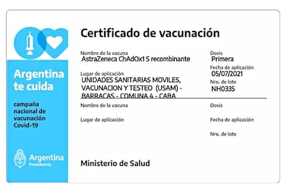 El frente del certificado virtual que aparece en la aplicación "Mi Argentina". 