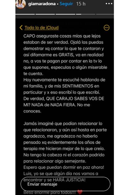 El fulminante descargo de Giannina Maradona contra Luis Ventura