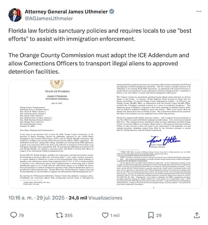 El funcionario acusó que la ley de Florida prohíbe las políticas de santuario