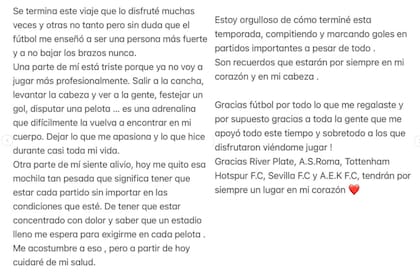 El futbolista agradeció a los clubes, compañeros y familia por haberlo apoyado