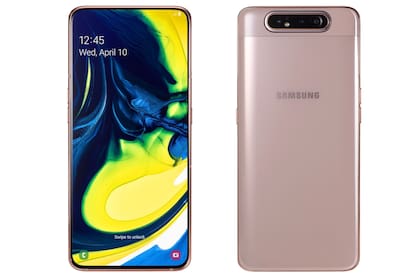 El Galaxy A80 tiene una pantalla sin muescas ya que no tiene cámara frontal; la suple con una cámara trasera que emerge cuando se la necesita