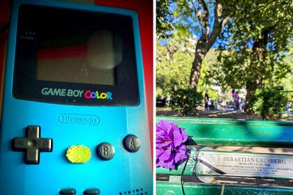 El game box, uno de los juegos electrónicos preferidos de Sebi  (izq.) y el banco en el Parque Rivadavia que lleva una placa con su nombre.