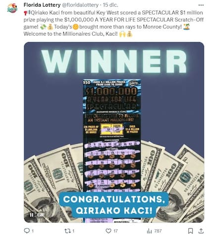 El ganador de US$1 millón fue celebrado por la Lotería de Florida en sus redes sociales