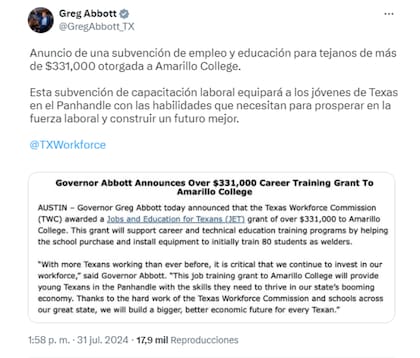 El gobernador Abbott anunció una subvención para una institución educativa, como parte del programa de educación y trabajo del estado