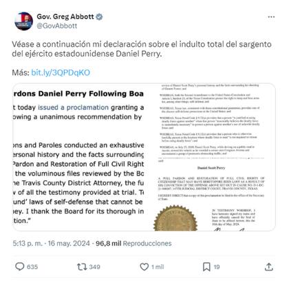 El gobernador Abbott compartió el indulto en su cuenta de Twitter