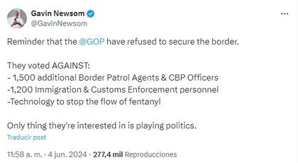 El gobernador de California acusó a los legisladores republicanos de no asegurar la frontera