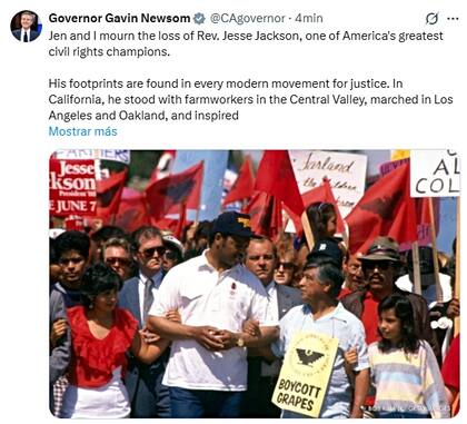 El gobernador de California destacó la labor del reverendo Jackson en el estado