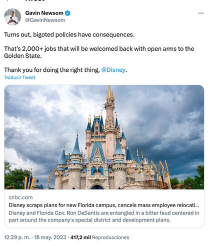 El gobernador de California, Gavin Newsom, agradeció la medida de Disney