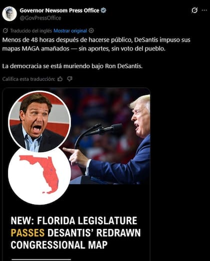 El gobernador de California, Gavin Newsom, expresó una dura crítica tras la aprobación del nuevo mapa electoral en Florida
