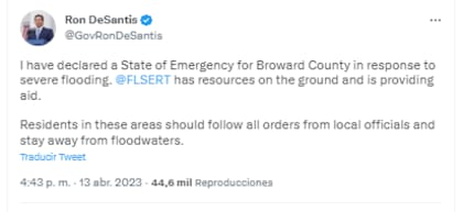 El gobernador de Florida, Ron DeSantis, declaró el estado de emergencia en el condado de Broward