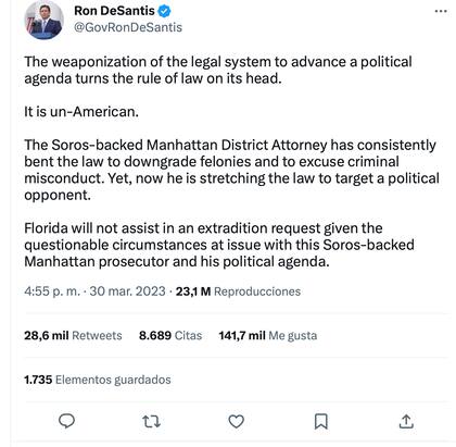 El gobernador de Florida, Ron DeSantis no apoya el proceso de extradición