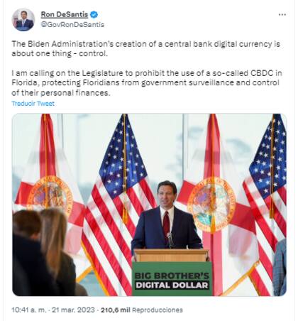 El gobernador de Florida, Ron DeSantis, presentó un proyecto de ley que prohíbe el uso de las monedas digitales en el estado