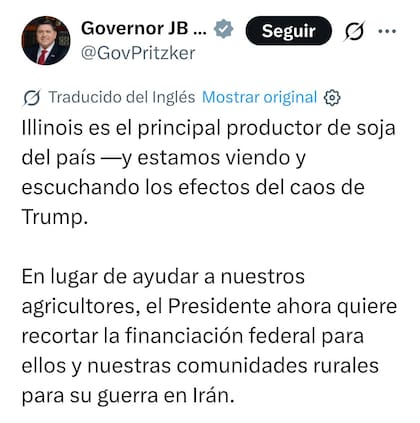 El gobernador de Illinois, JB Pritzker, denunció este lunes 13 de abril a través de sus canales oficiales la crisis que enfrentan los agricultores de soja