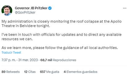 El gobernador de Illinois, JB Pritzker, lamentó lo sucedido a través de sus redes sociales