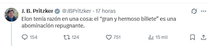 El gobernador de Illinois, JB Pritzker, respaldó las críticas de Musk al plan tributario republicano