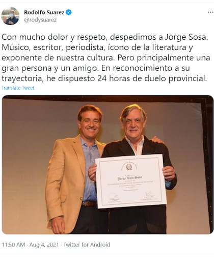 El gobernador de Mendoza dispuso 24 horas de duelo tras el fallecimiento del escritor y humorista