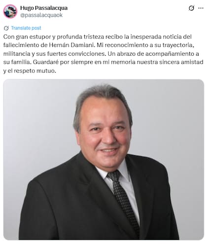 El gobernador de Misiones, se expresó en las redes sociales tras la muerte de Hernán Damiani (X: @passalacquaok)